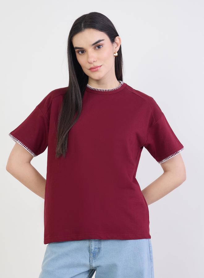 Styli Burgundy Cotton T-Shirt with Overlock Stitch - Image 3